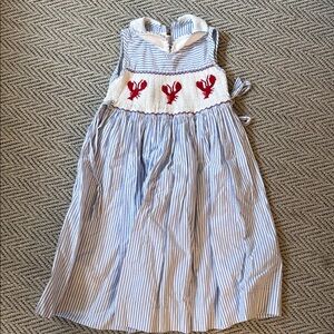 Blue & White Striped Kids Dress with Red Lobster Smocking